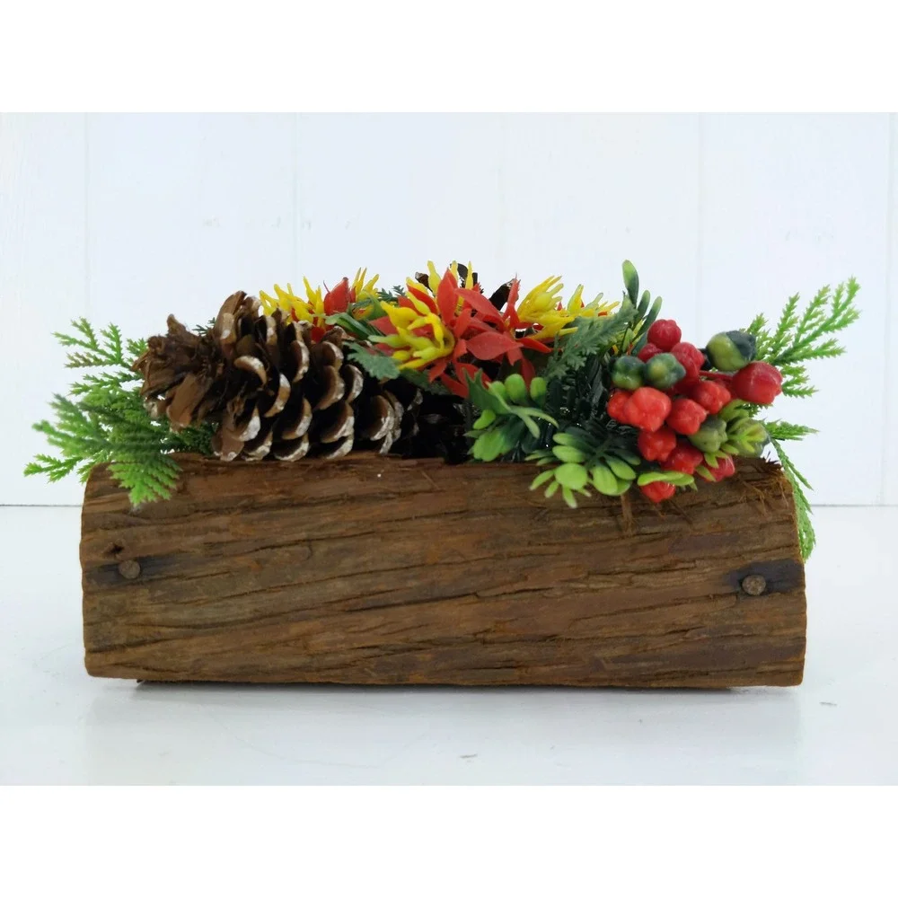 vtg Rustic Wooden Log‎ Box Plastic Floral Poinsettia Pinecone Centerpiece Xmas